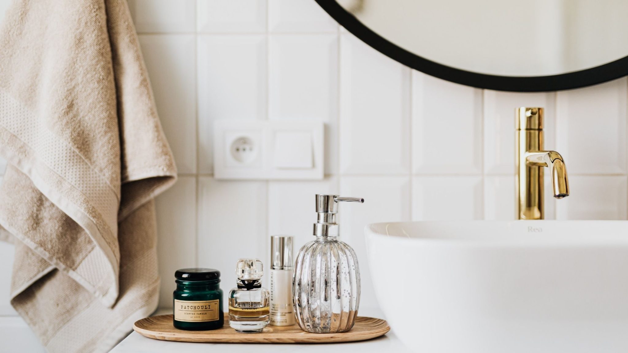 Bathroom counter with skincare products